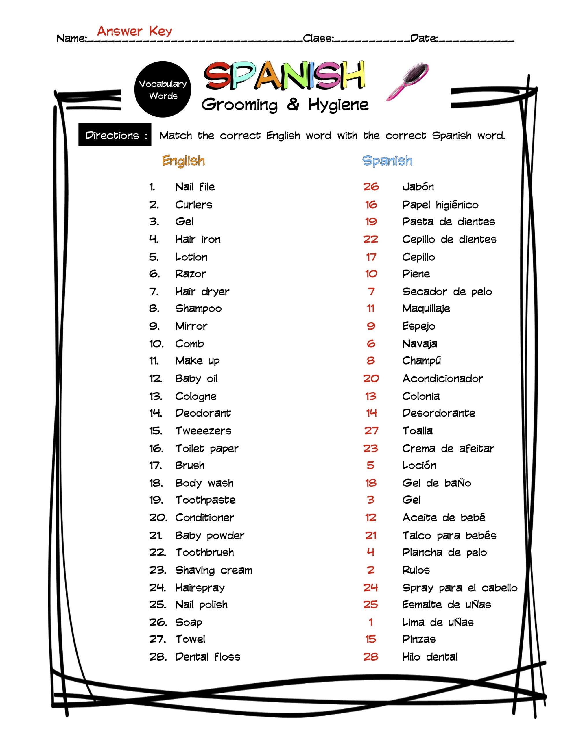 matching vocabulary worksheet