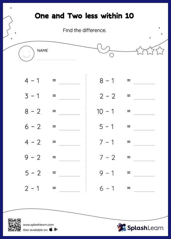 One and Two less within 10: Horizontal Subtraction - Math ...