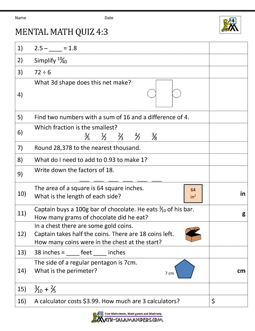 math 4 grade worksheet