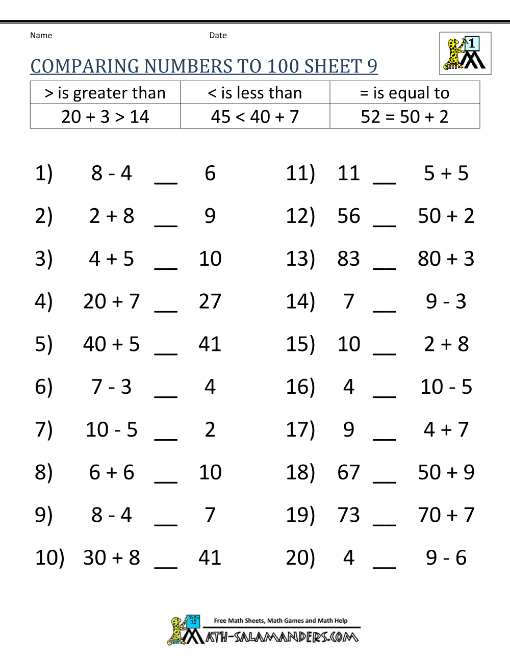Greater than Less than Worksheet - Comparing Numbers to 100