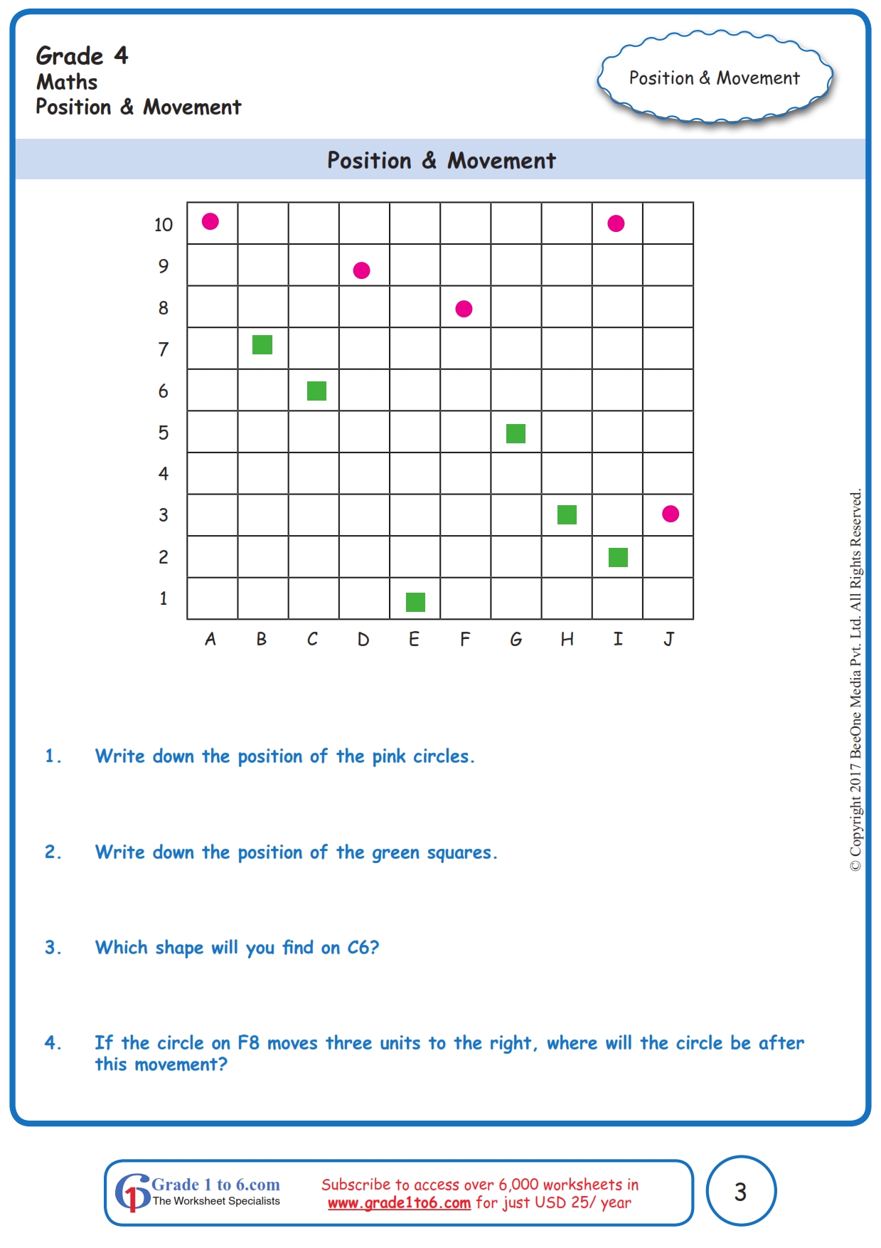 Grade 4 Position &  Movement Worksheets|www.grade1to6.com