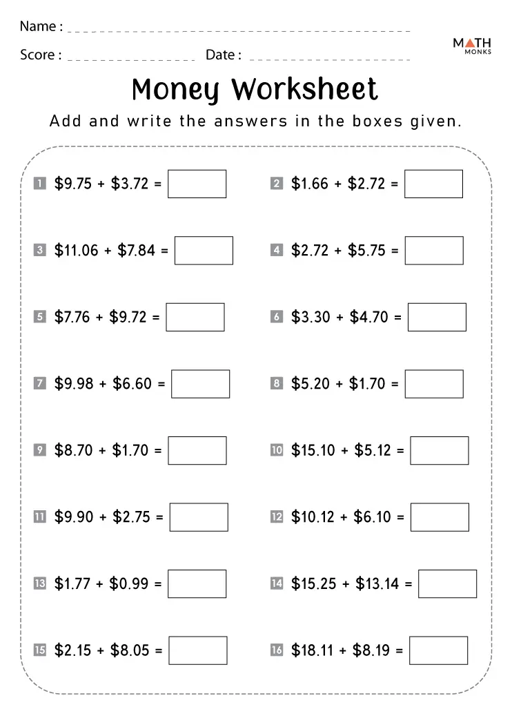 5th Grade Money Worksheets - Math Monks