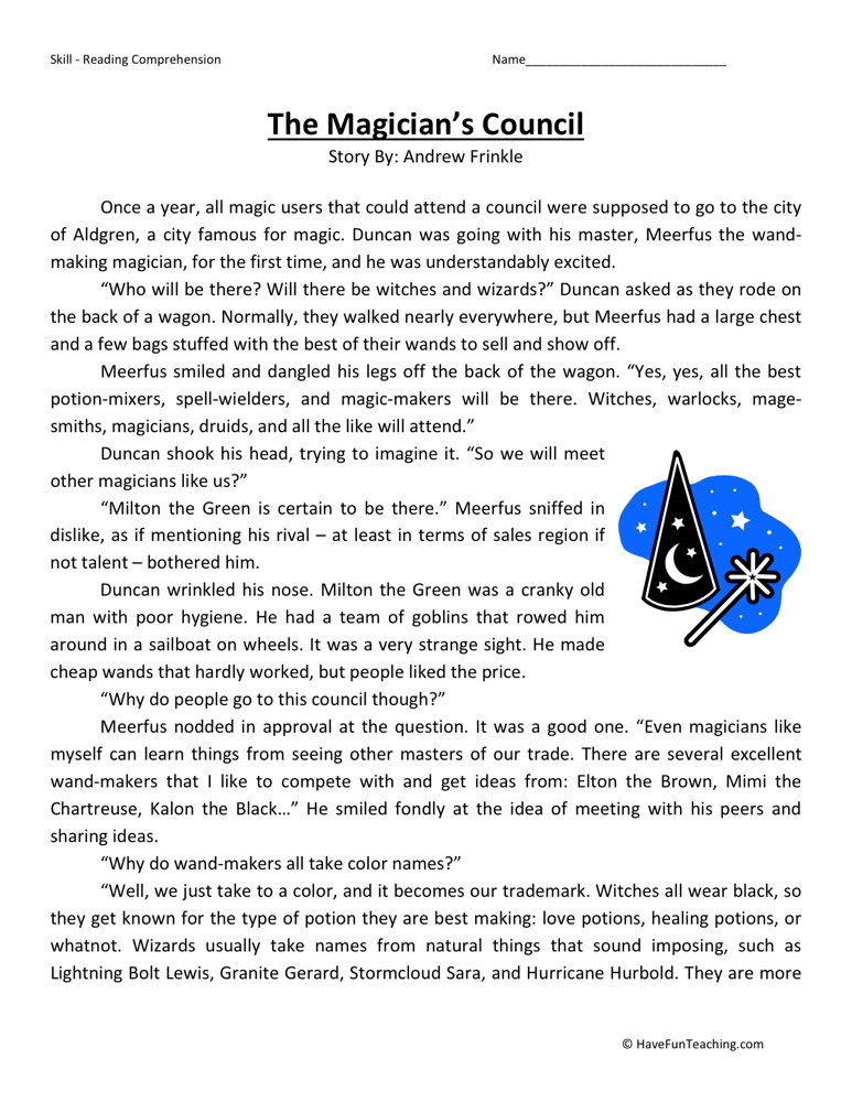 Reading Comprehension Worksheet - The Magicians Council
