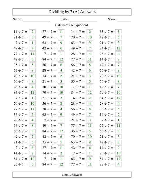 Horizontally Arranged Dividing by 7 with Quotients 1 to 12 (100 ...