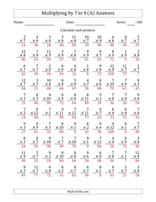 Multiplying (1 to 12) by 7 to 9 (100 Questions) (A)