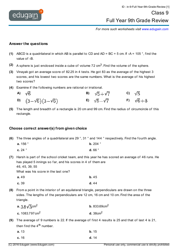 Class 9 Math Worksheets and Problems: Full Year 9th Grade Review ...