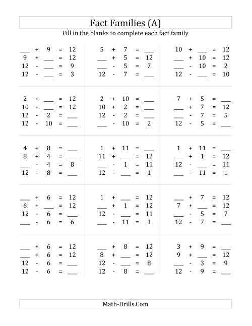 Addition and Subtraction Relationships with Families that Add to ...
