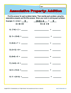 Addition Associative Property Worksheets for 1st and 2nd Grade