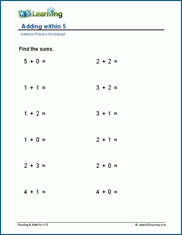 math addition worksheet adding to 5