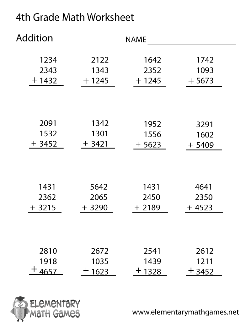 Free Printable Addition Worksheet for Fourth Grade