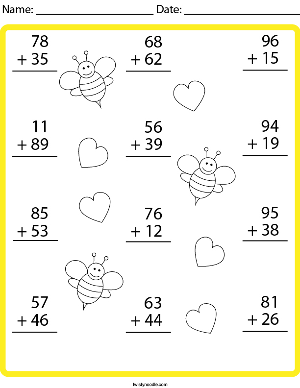 Vertical Addition Practice Math Worksheet - Twisty Noodle