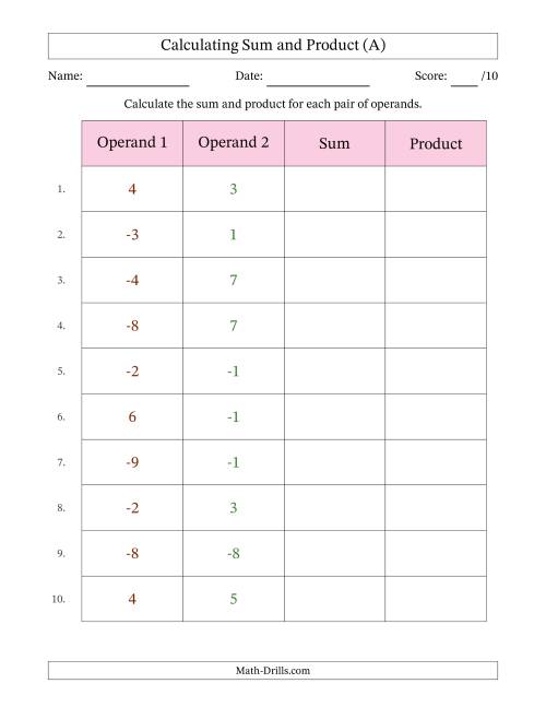Calculating Sum and Product (Operand Range 1 to 9 Including ...