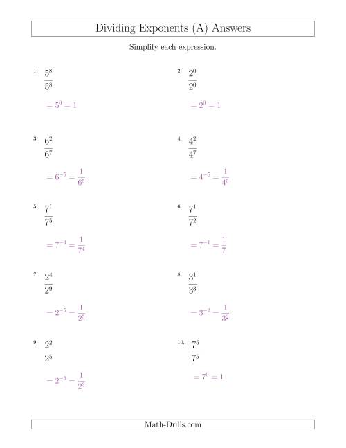 Dividing Exponents With a Larger or Equal Exponent in the Divisor ...