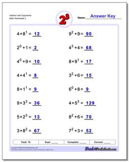 Exponents Worksheets: Addition with Exponents