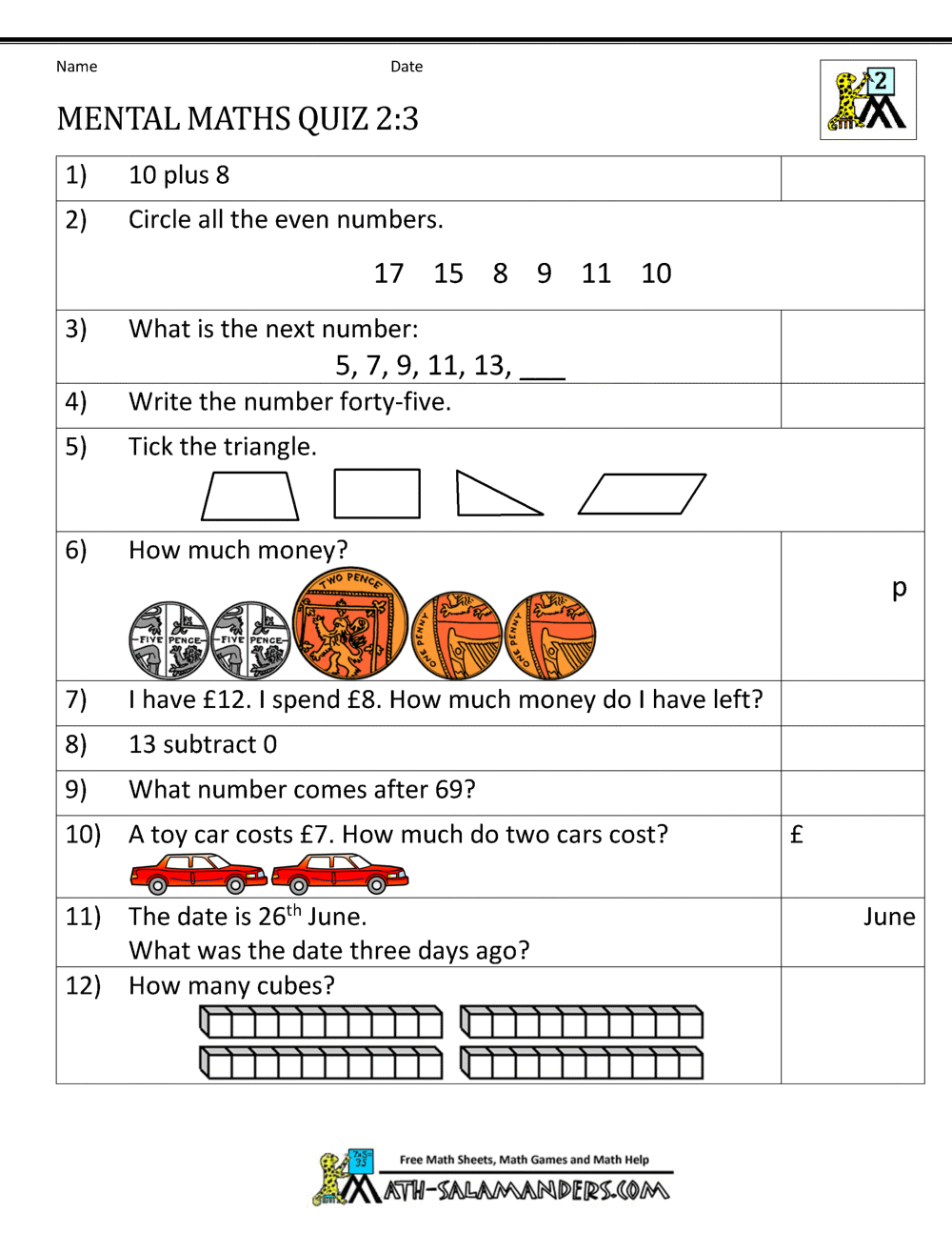 math assessments printable