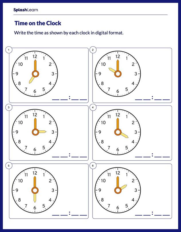 Tell the Time on the Clock - Math Worksheets - SplashLearn