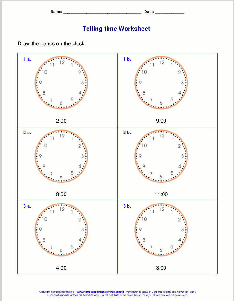 Telling time worksheets for 1st grade