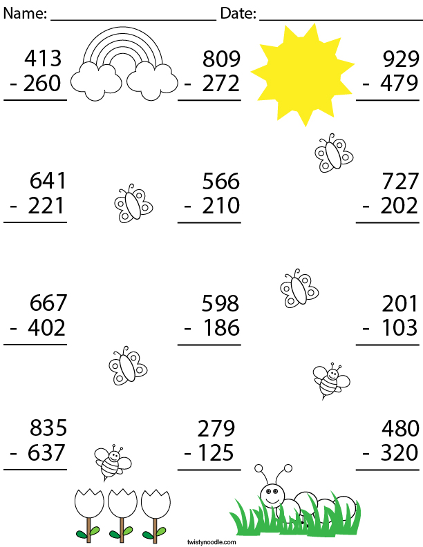 3 Digit Spring Subtraction Math Worksheet - Twisty Noodle