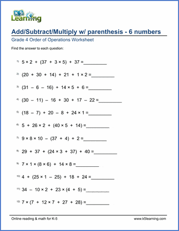 4th Grade Order of Operations Worksheets | Worsheets library