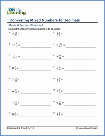 Grade 6 Math Worksheets: Writing mixed numbers as decimals | Worsheets library...