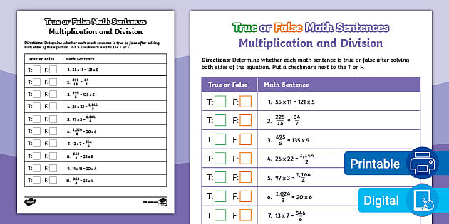 True or False Multiplication and Division Questions | Math