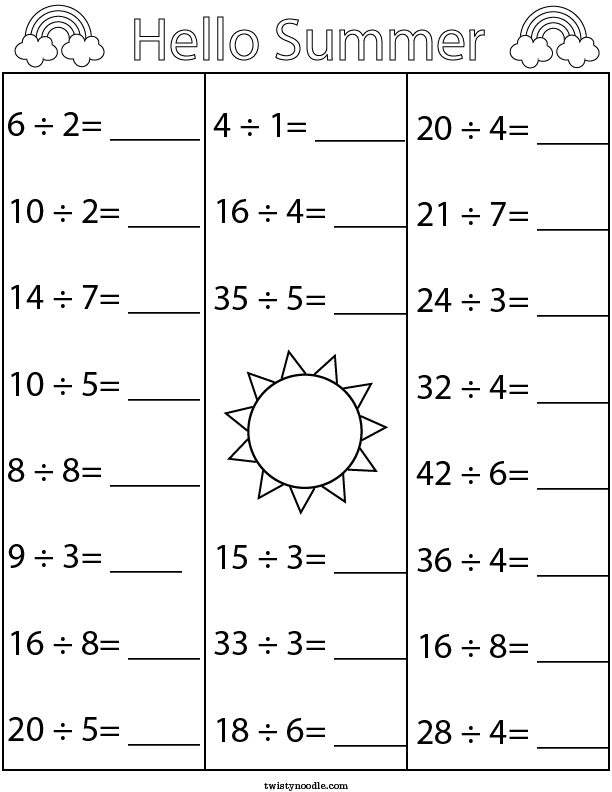 Summer Division Math Worksheet - Twisty Noodle