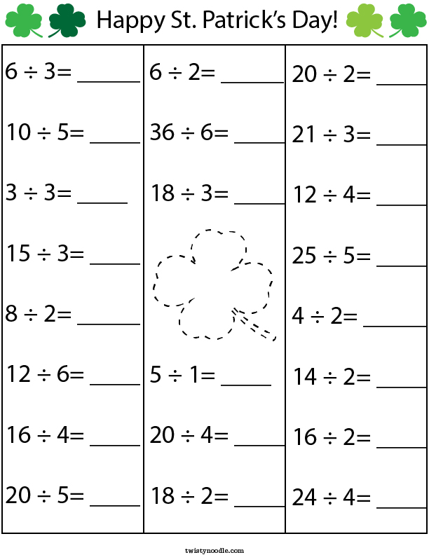 St Patricks Day Division Math Worksheet - Twisty Noodle