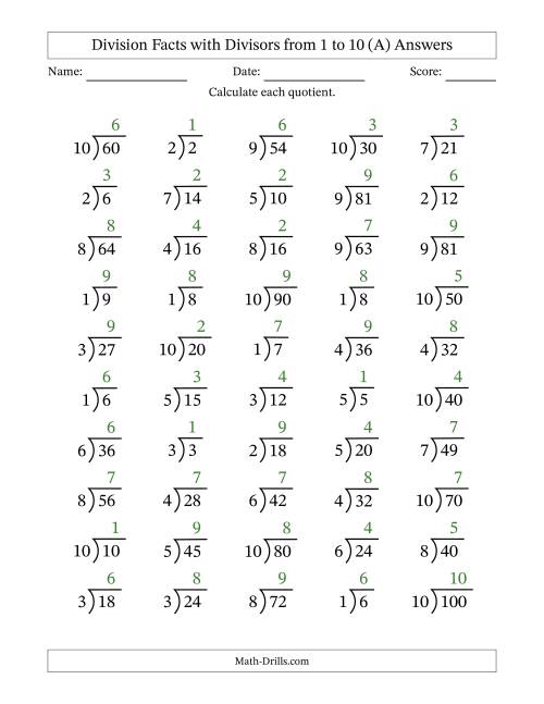 Division Facts with Divisors and Quotients from 1 to 10 with Long ...