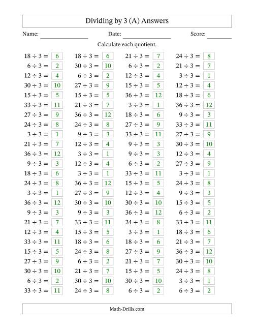 Horizontally Arranged Dividing by 3 with Quotients 1 to 12 (100 ...