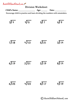 Single Digit Quotient Simple Division Worksheets (with Remainders ...