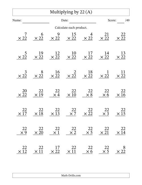 Multiplying (1 to 22) by 22 (49 Questions) (A)