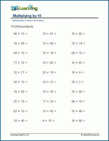 Multiplying by 10 worksheets | Worsheets library
