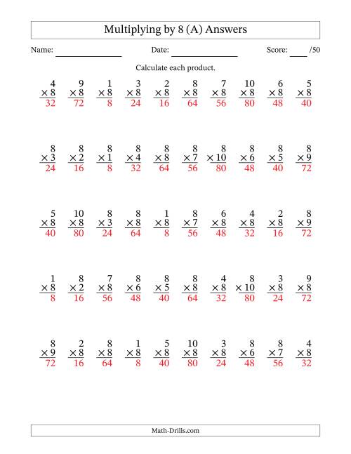 Multiplying (1 to 10) by 8 (50 Questions) (A)