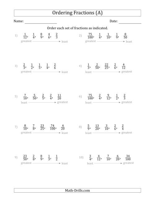 Ordering Sets of 5 Positive Proper Fractions (A)