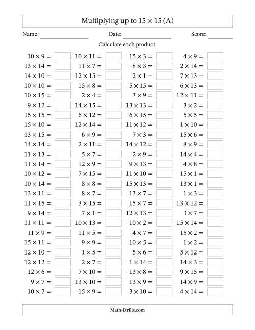 Horizontally Arranged Multiplying up to 15 × 15 (100 Questions) (A)