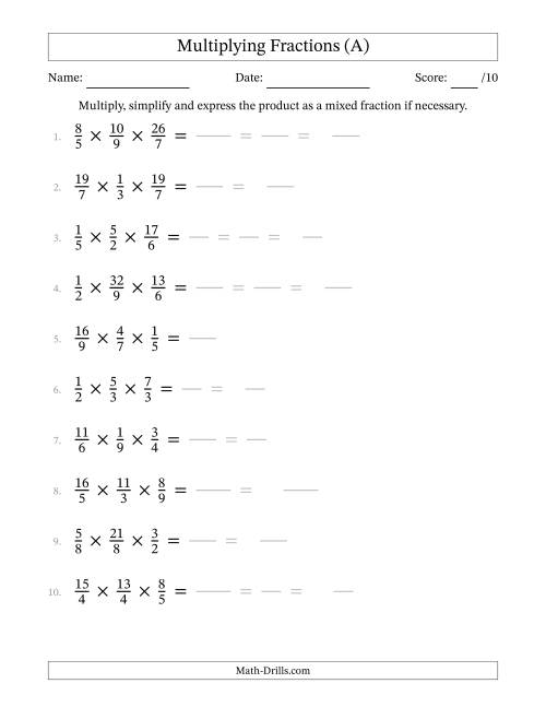Multiplying 3 Proper and Improper Fractions (A)