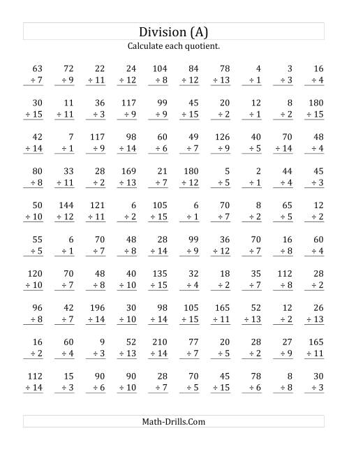 Vertically arranged division facts to 225 (A)