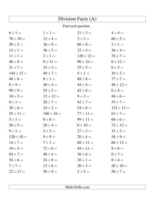 Division Facts to 144 with Zeros (A)