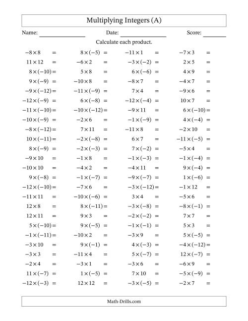 Multiplying Mixed Integers from -12 to 12 (100 Questions) (A)
