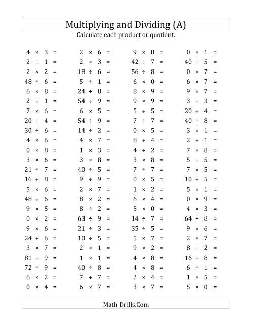 100 Horizontal Multiplication/Division Questions (Facts 0 to 9) (A)
