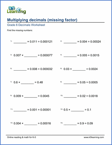 Grade 6 Math Worksheets: Multiplying decimals with missing factors ...