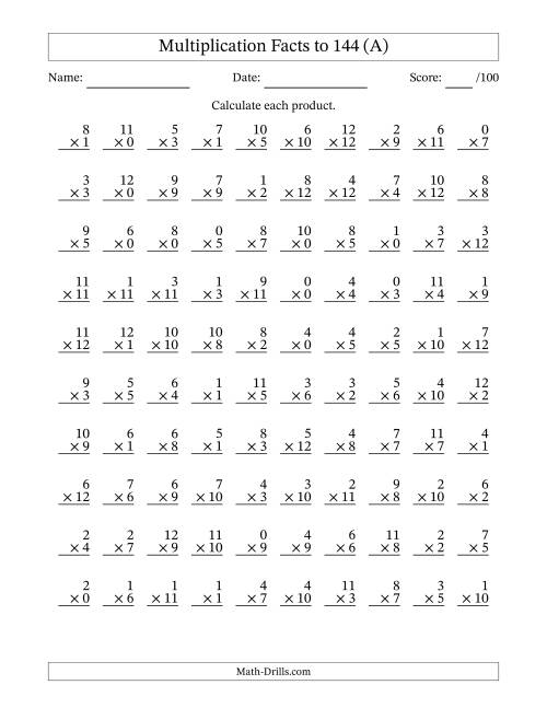 Multiplication Facts to 144 (100 Questions) (With Zeros) (A)