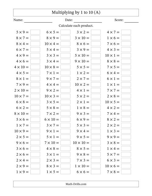 Horizontally Arranged Multiplication Facts with Factors 1 to 10 ...