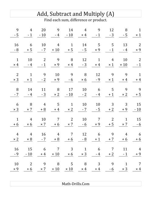 Adding, Subtracting and Multiplying with Facts From 1 to 10 (A)