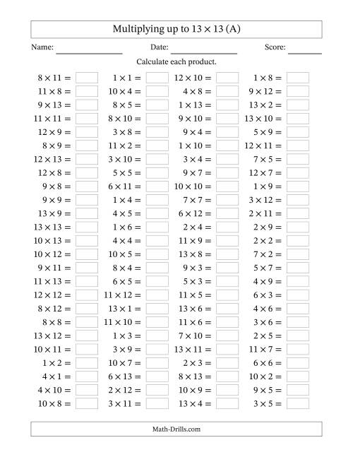 Horizontally Arranged Multiplying up to 13 × 13 (100 Questions) (A)