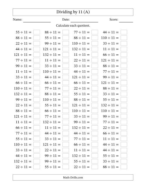 Horizontally Arranged Dividing by 11 with Quotients 1 to 12 (100 ...
