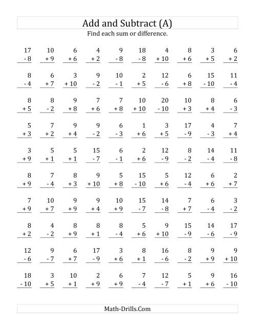 Adding and Subtracting with Facts From 1 to 10 (A)