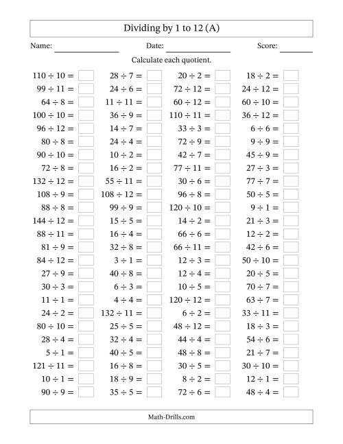 Horizontally Arranged Division Facts with Divisors 1 to 12 and ...