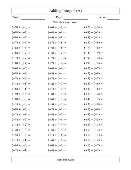 Adding Mixed Integers from -9 to 9 (75 Questions; All Parentheses) (A)