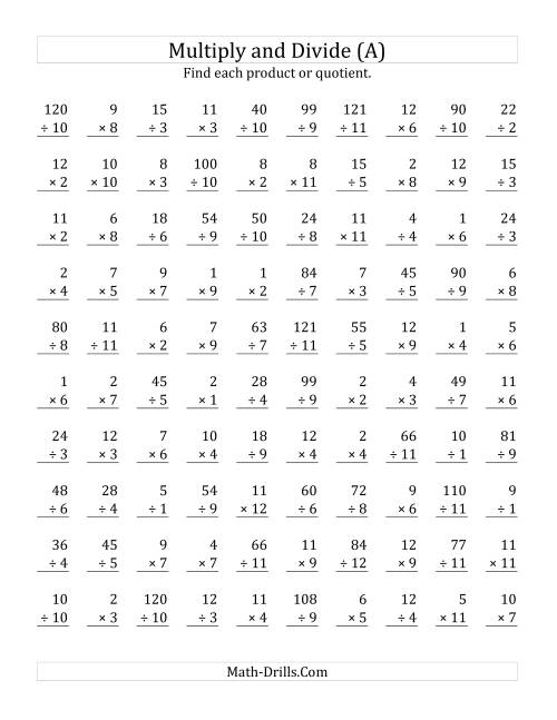 Multiplying and Dividing with Facts From 1 to 12 (A)